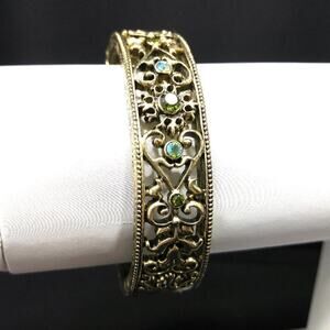 Brass Filigree Purple Green Rhinestone Hinged Bracelet, Magnetic Clasp, 7 Inches